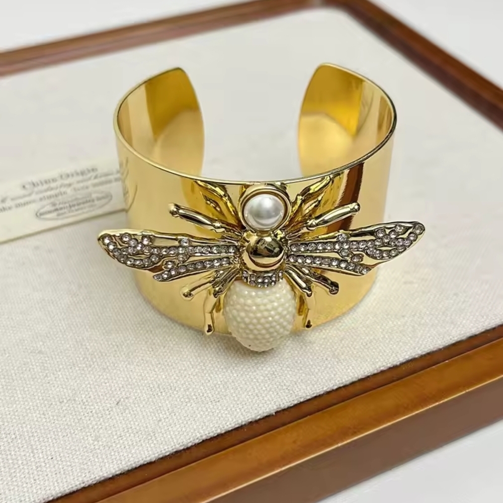 Gold Bee Cuff Bracelet | Pearl & Rhinestone Statement Bracelet | Wide Open Cuff